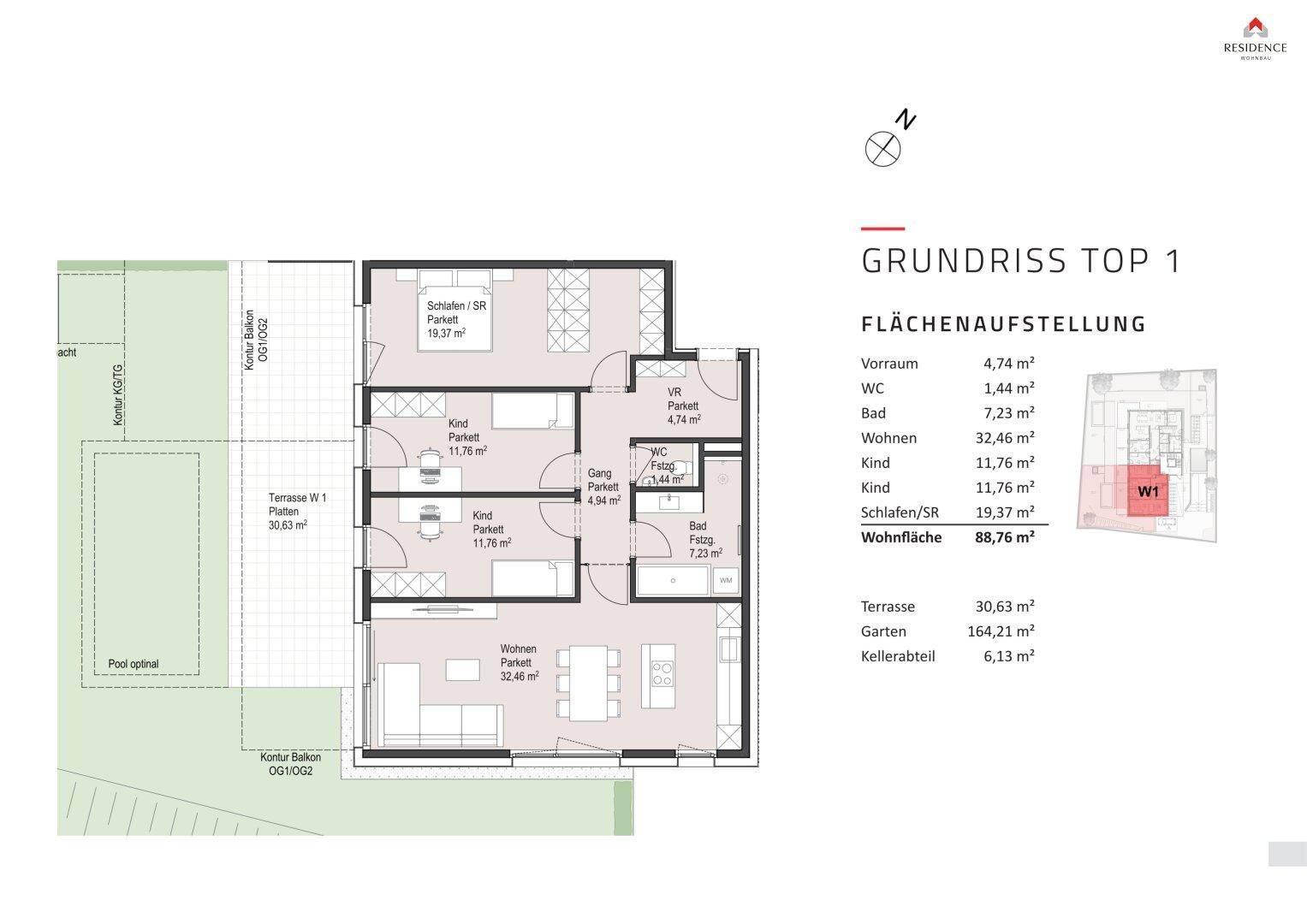 Grundriss für die Wohneinheit Top 1 mit offenem Wohnbereich, Terrasse, Garten und optionalem Pool.