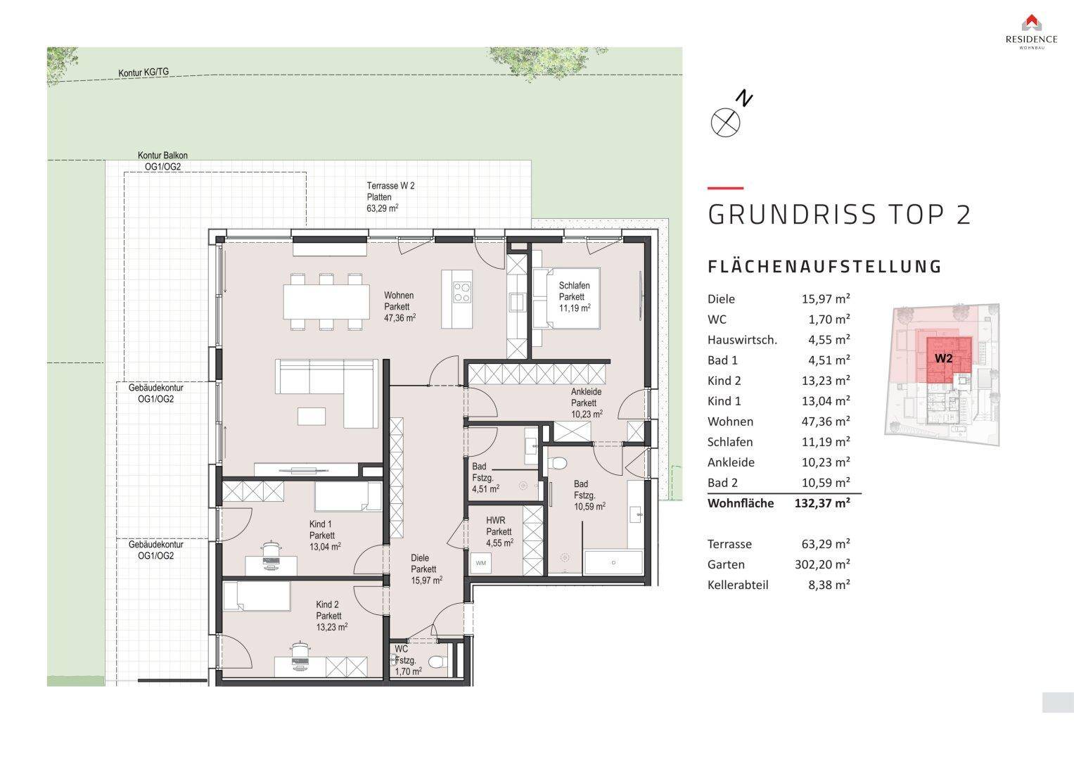 Detaillierter Grundriss der Wohneinheit Top 2 mit offenem Wohnbereich, zwei Bädern, Ankleide und großer Terrasse.