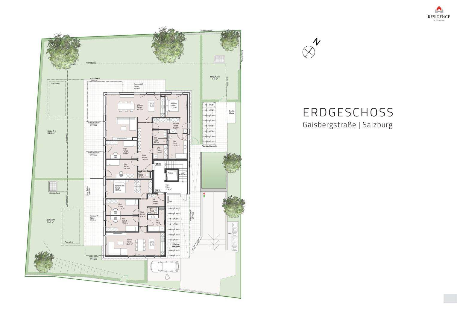 Gesamtgrundriss des Erdgeschosses mit mehreren Wohneinheiten, Terrassen, Gärten und Parkplätzen.