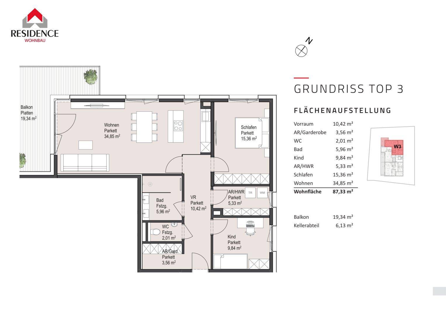 Grundriss einer Wohnung mit offenem Wohnbereich, separatem WC, Bad und Zugang zu einem großen Balkon.