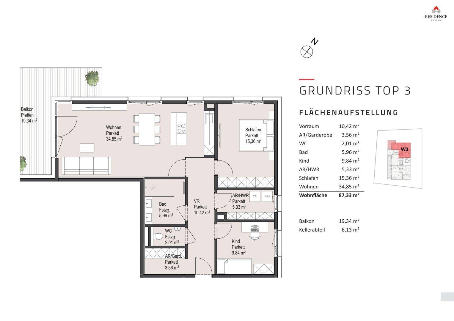 Grundriss einer Wohnung mit offenem Wohnbereich, zwei Bädern und großem Balkon.