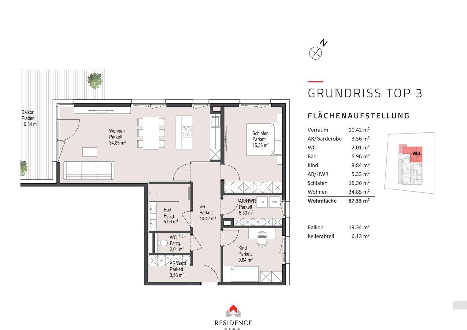 Grundriss der Wohnung Top 3 mit Balkon, offenem Wohnbereich und mehreren Zimmern.