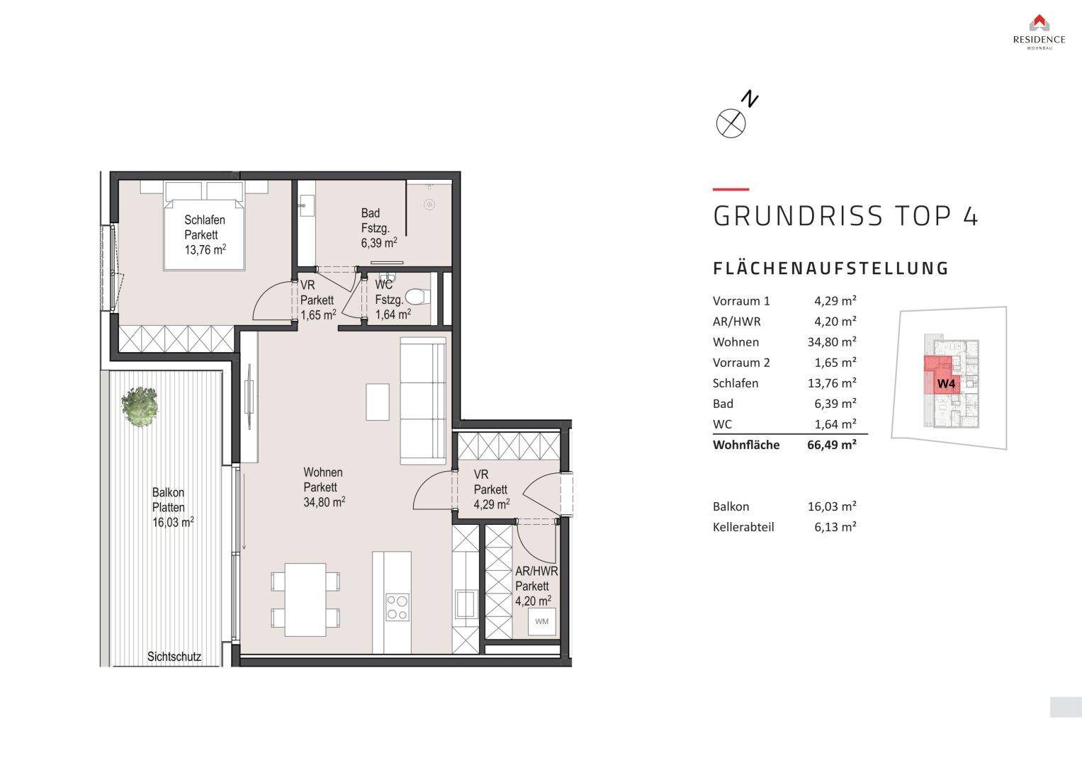 Detaillierter Grundriss einer Wohnung mit Schlafzimmer, Bad, WC und großem Balkon.