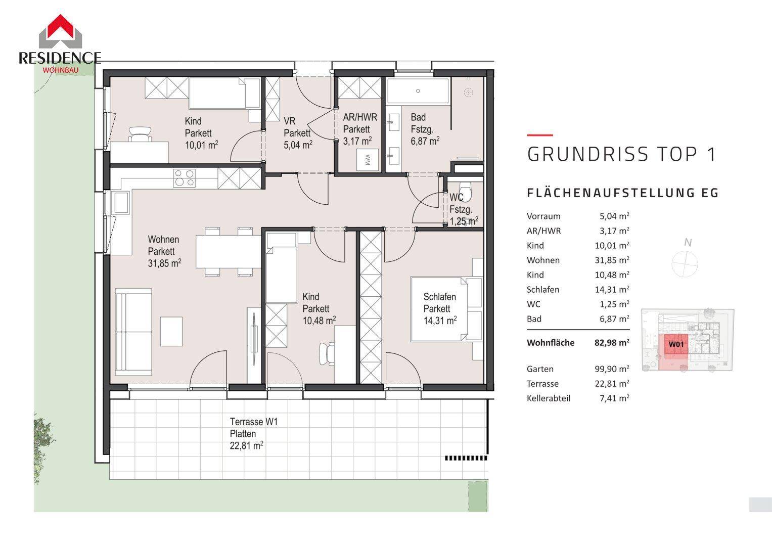 Detaillierter Grundriss von Top 1 mit Wohnbereich, zwei Kinderzimmern und Terrasse.