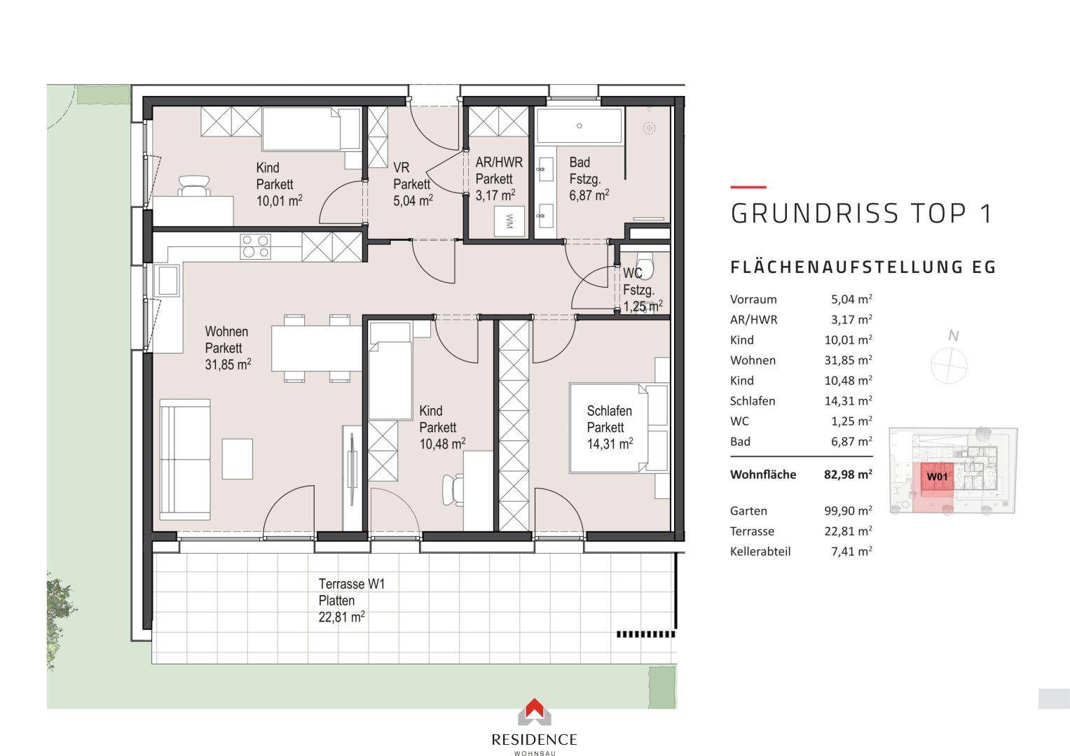 Detaillierter Grundriss von Top 1 mit Wohnbereich, Schlafzimmern, Bad und großer Terrasse.