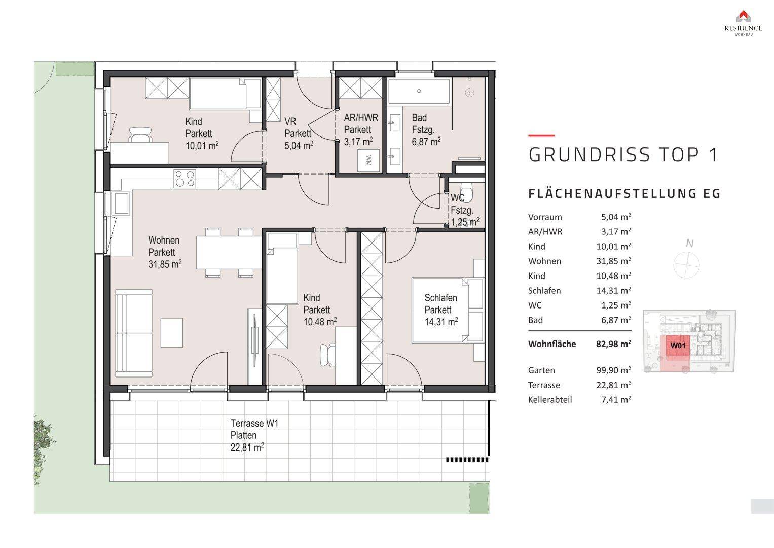 Grundriss einer Erdgeschosswohnung mit offenem Wohnbereich, zwei Schlafzimmern, Bad und Terrasse mit Garten.