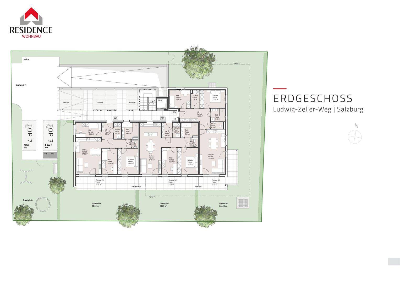 Übersichts-Grundriss des Erdgeschosses mit mehreren Wohneinheiten und Gärten.