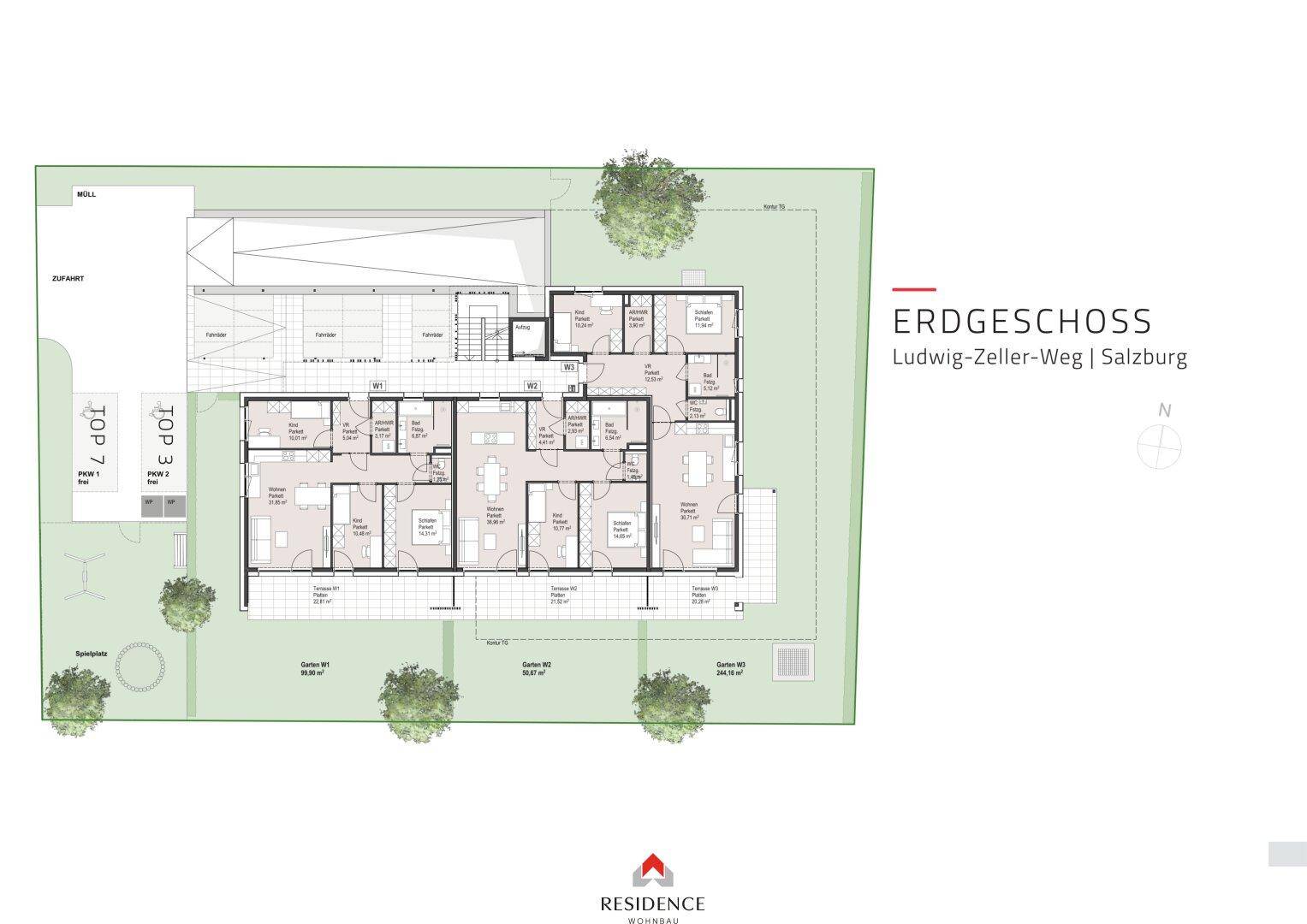 Übersichts-Grundriss des Erdgeschosses mit mehreren Wohneinheiten und Außenbereichen.