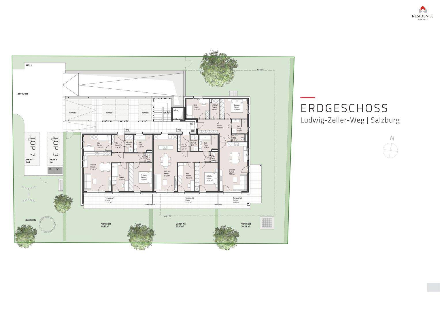 Übersichtlicher Grundriss des Erdgeschosses mit mehreren Wohneinheiten und Außenbereichen.