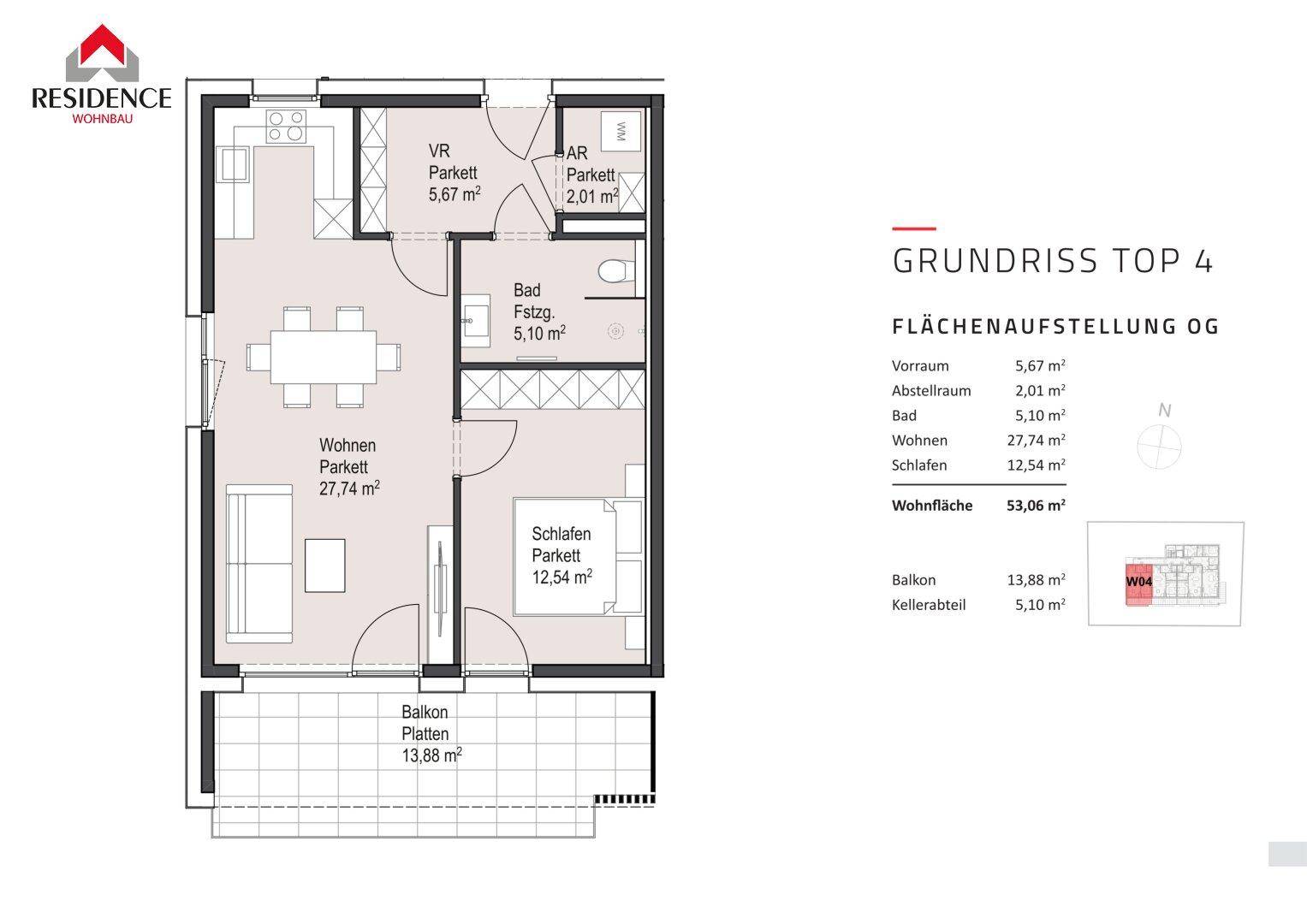 Grundriss der Wohnung Top 4 mit Wohnbereich, Schlafzimmer, Bad und Balkon.