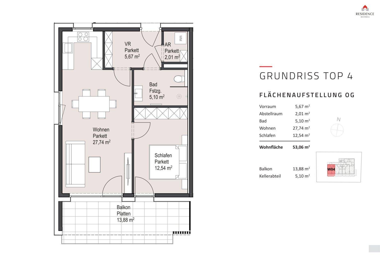 Grundriss der Wohnung Top 4 mit offenem Wohnbereich, Schlafzimmer und großem Balkon.