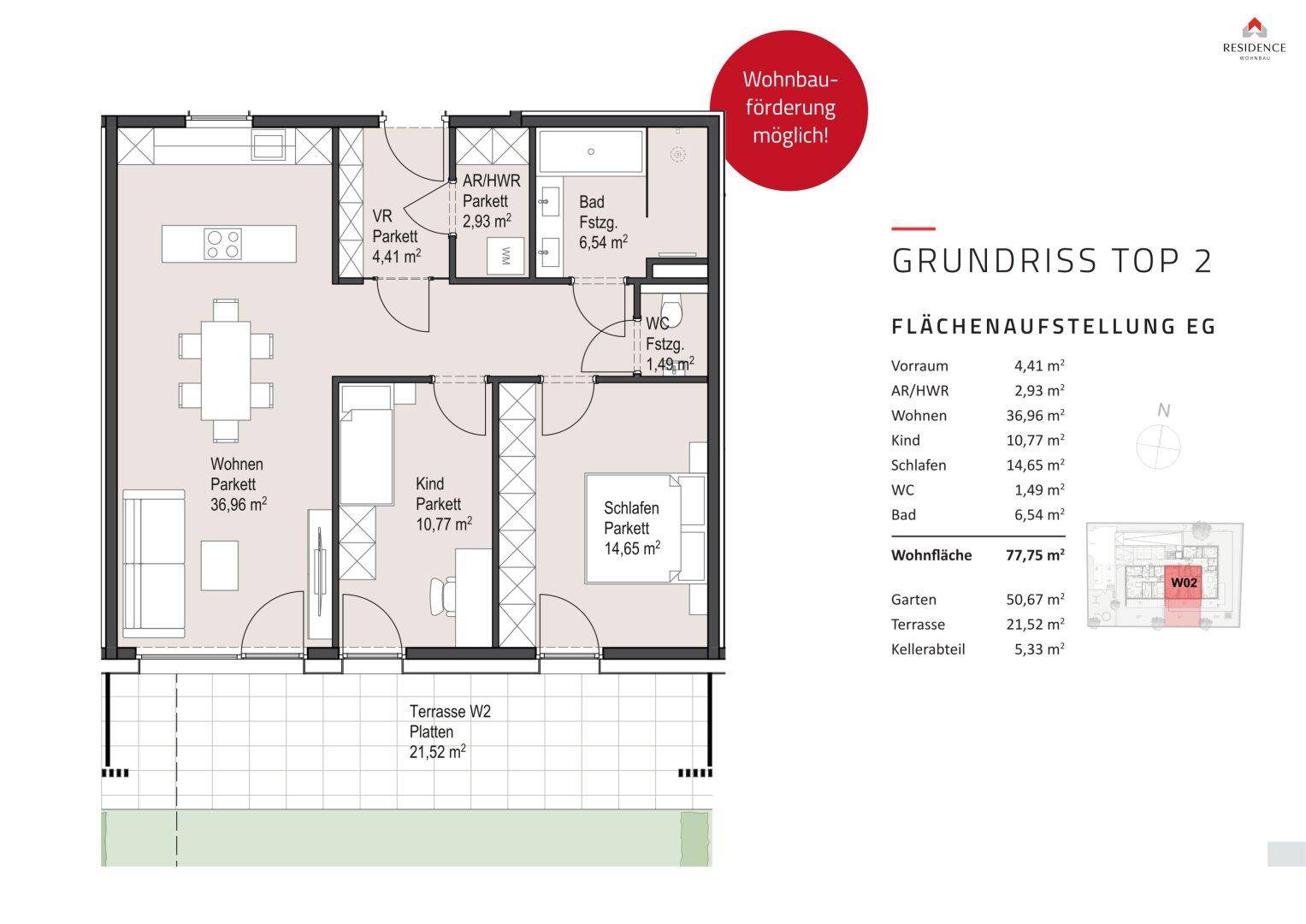 Detaillierter Grundriss einer Erdgeschosswohnung mit Terrasse, Garten und drei Zimmern.