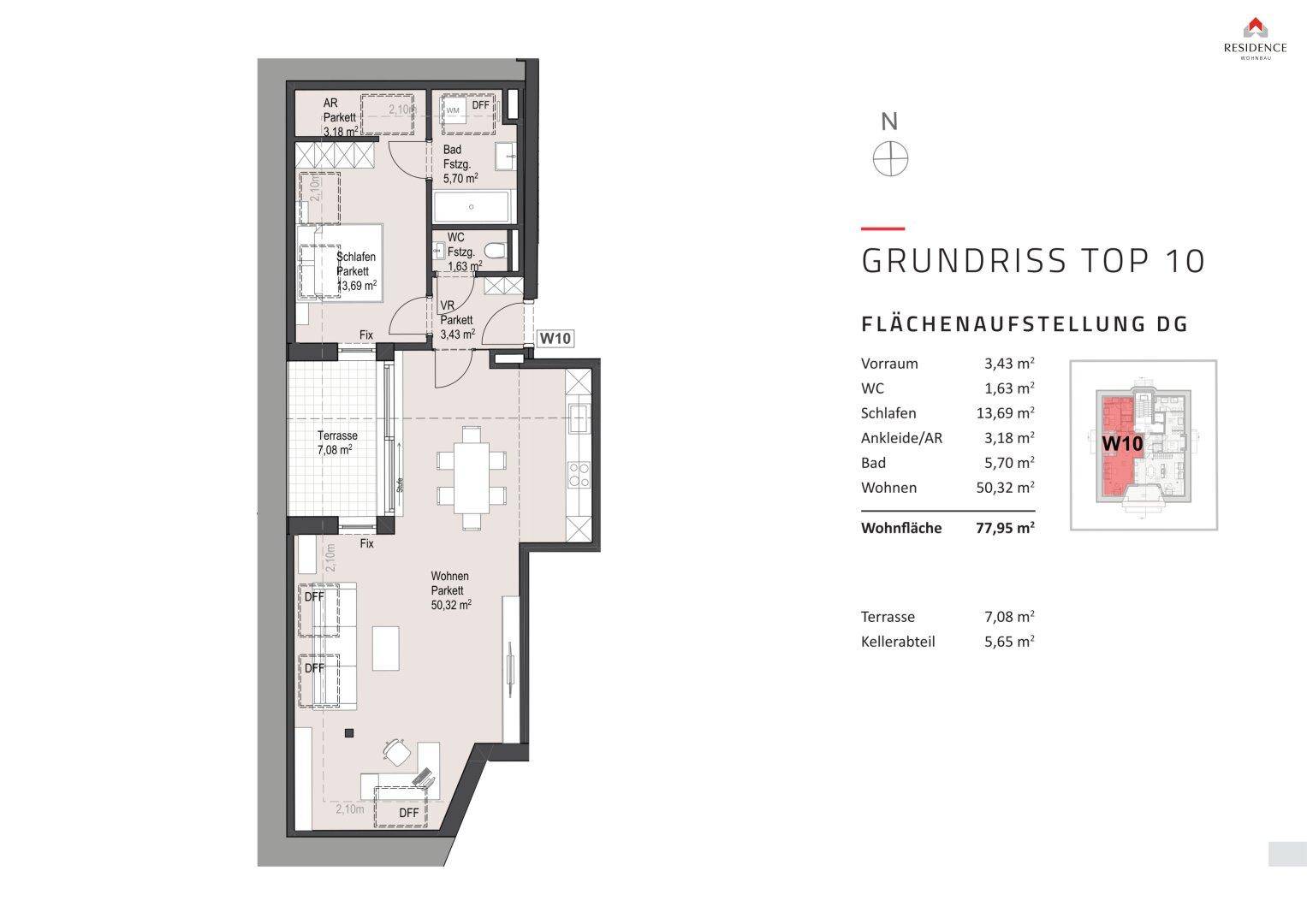 Grundriss einer Dachgeschosswohnung mit offener Wohnküche, Schlafzimmer, Bad und Terrasse.