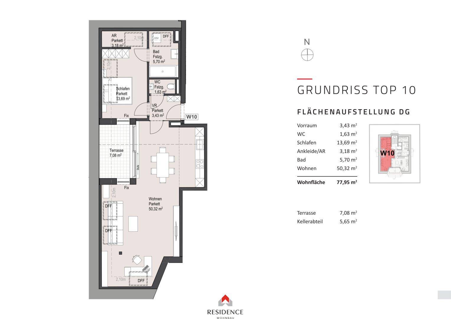 Grundriss der Wohnung Top 10 mit Terrasse, offenem Wohnbereich und separatem WC.