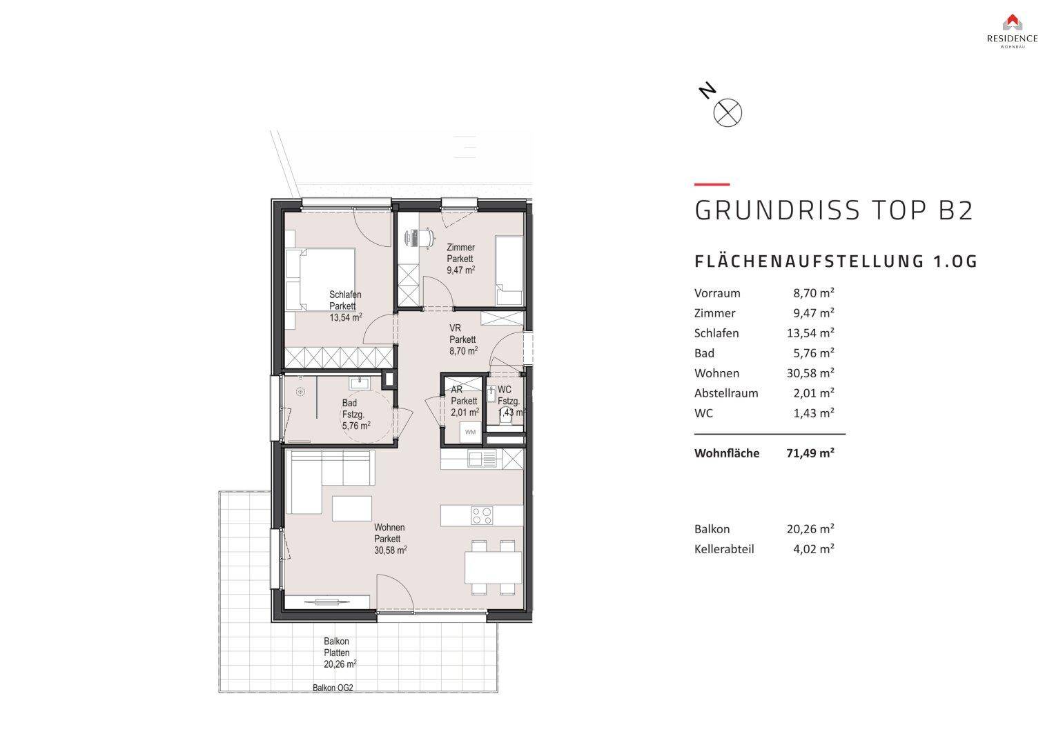 Grundriss einer Wohnung mit offenem Wohnbereich, Schlafzimmer, Bad und einem großen Balkon.