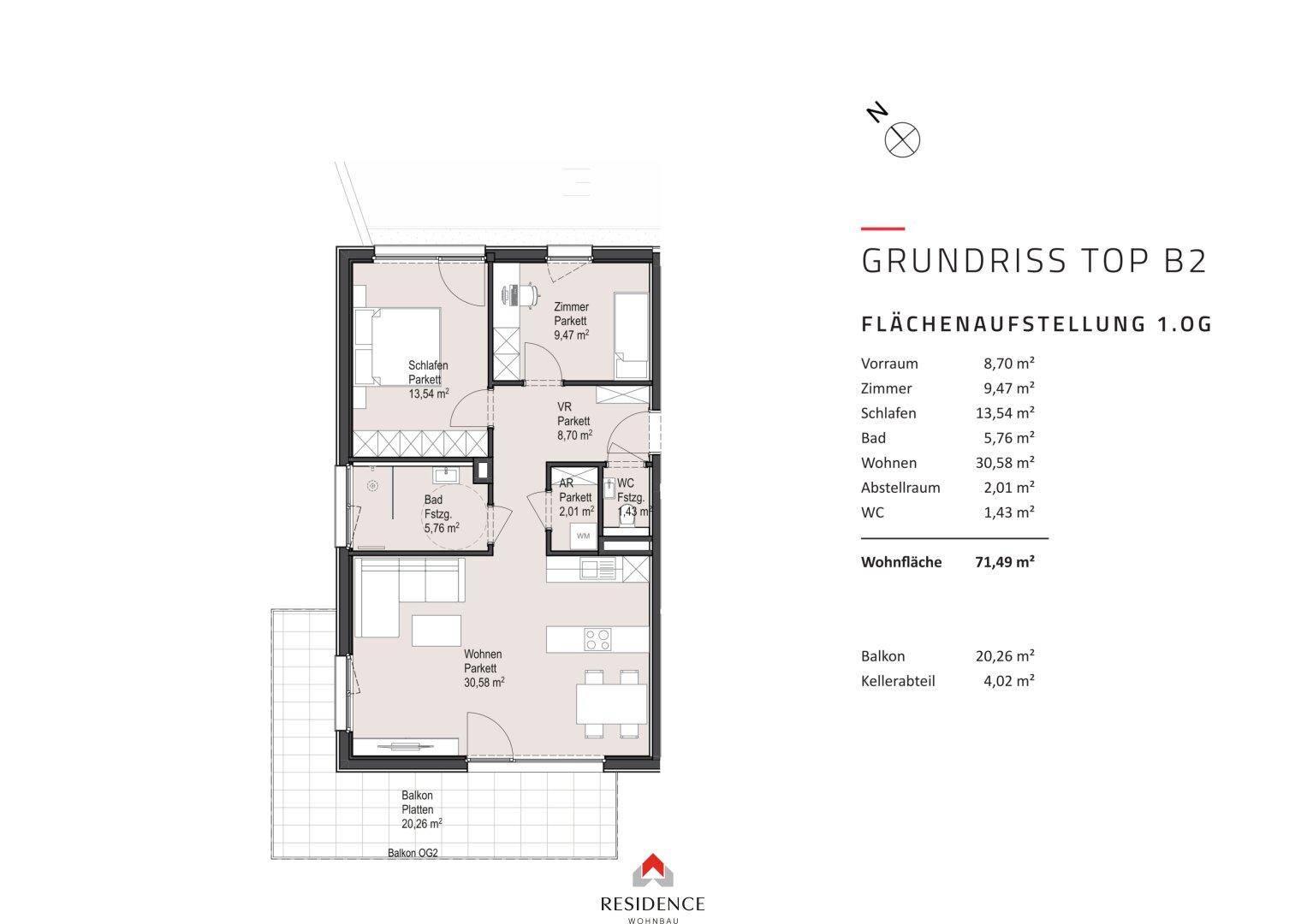 Grundriss der Wohnung Top B2 im ersten Obergeschoss mit Balkon und offener Wohnküche.