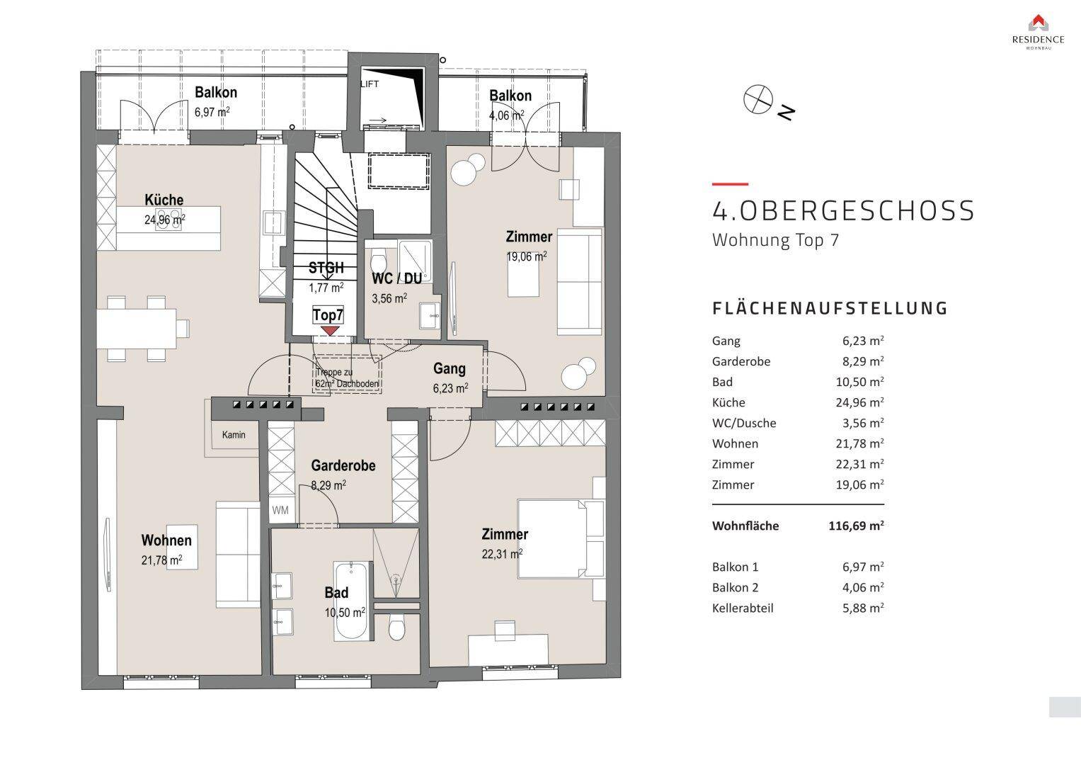 Grundriss einer Wohnung im 4. Obergeschoss mit zwei Balkonen, Kamin und offenem Wohnbereich.