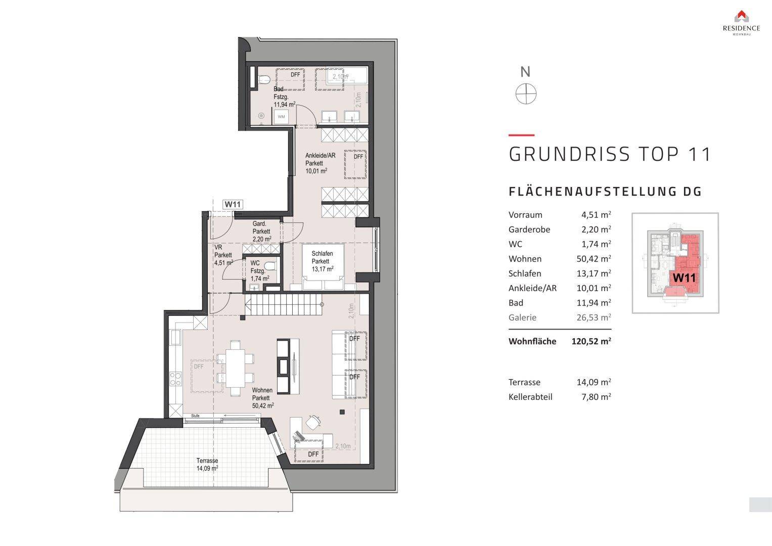 Detaillierter Grundriss der Dachgeschossebene mit offenem Wohnbereich, Terrasse und mehreren Bädern.
