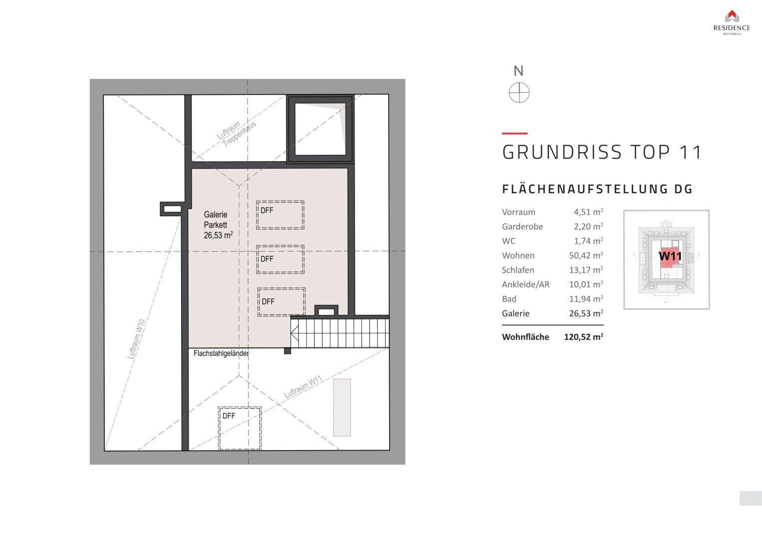 Grundriss der Galerieebene mit offenem Bereich und Dachfenstern, Teil der Dachgeschosswohnung.