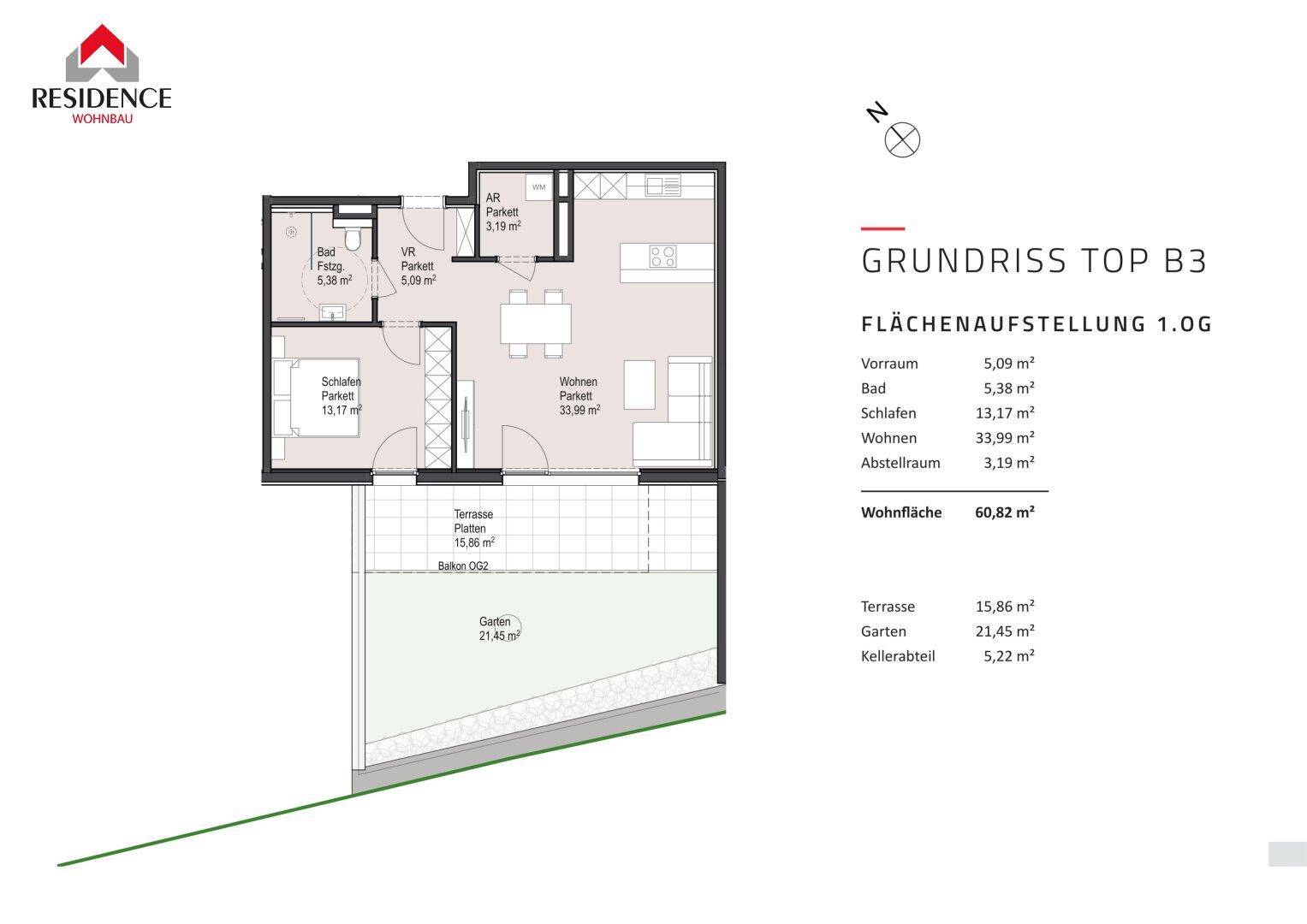 Grundriss der Wohnung Top B3 im ersten Obergeschoss mit Terrasse, Garten und offenem Wohnbereich.