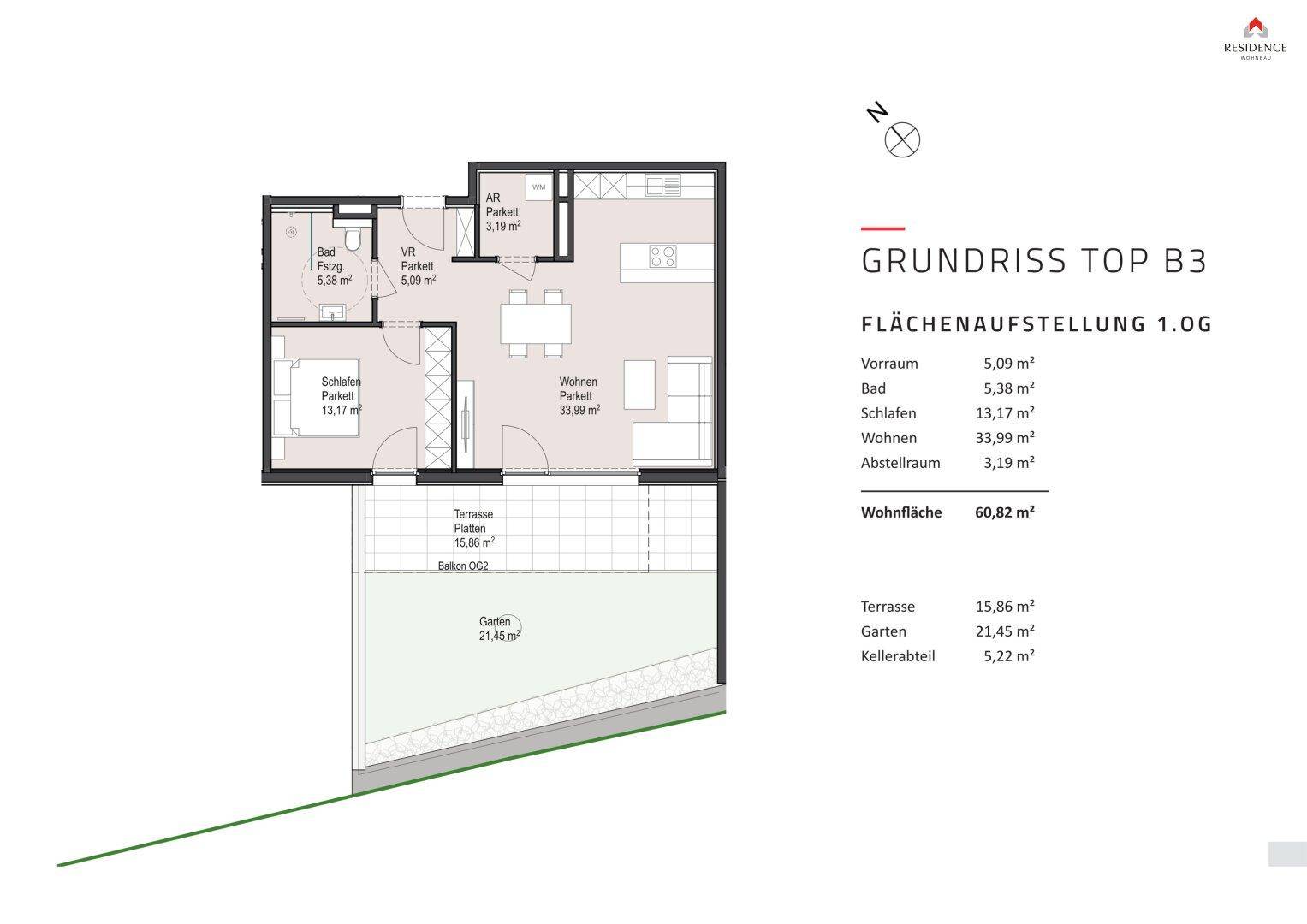 Grundriss einer Wohnung mit offenem Wohnbereich, zwei Bädern, Schlafzimmer, Terrasse und Garten.