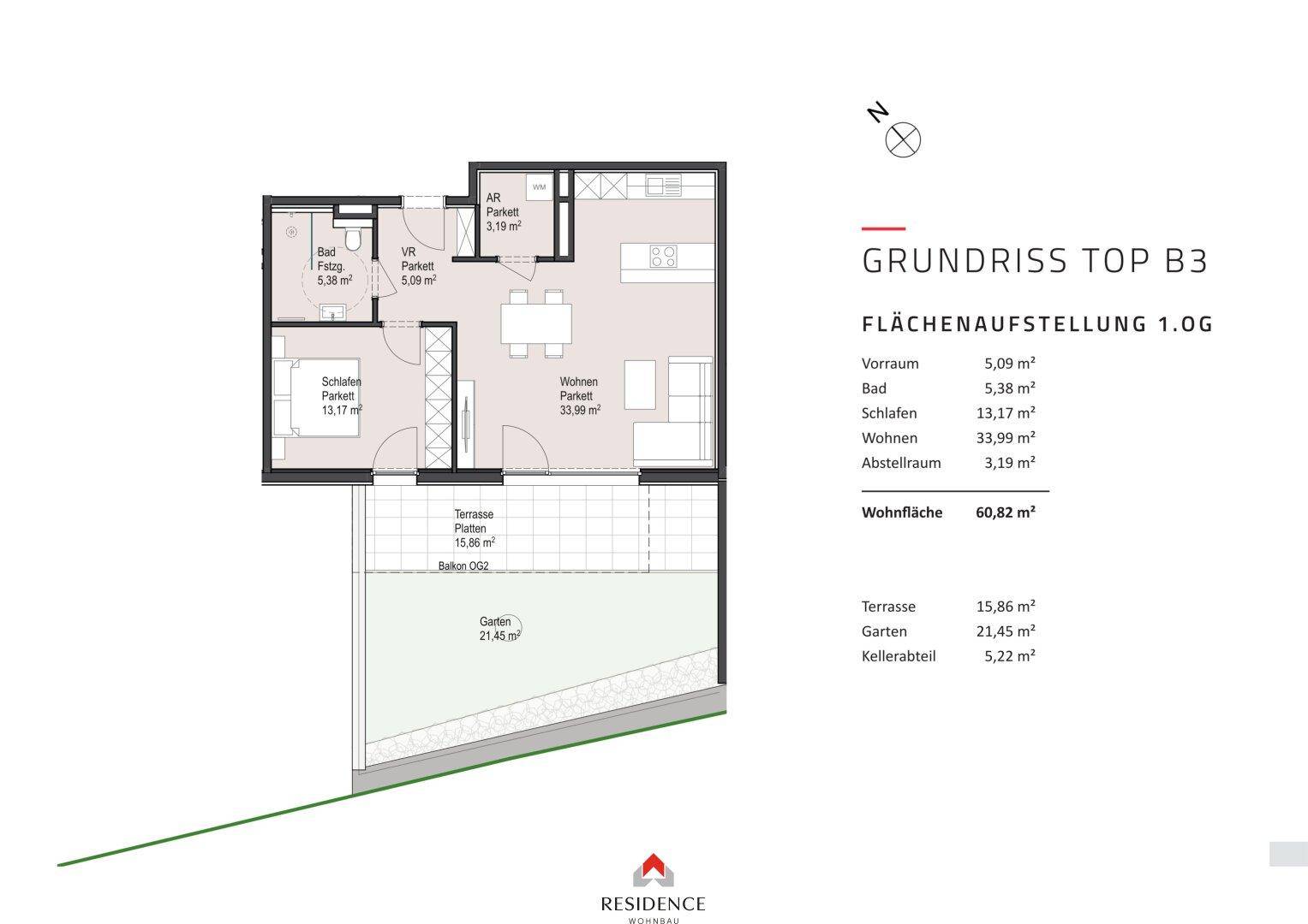 Grundriss einer Wohnung mit offenem Wohnbereich, Schlafzimmer, Bad und direktem Zugang zu Terrasse, Balkon und Garten.