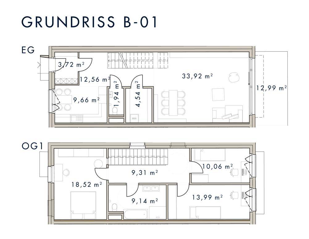 Grundriss B-01 über zwei Etagen mit mehreren Zimmern und Balkon.