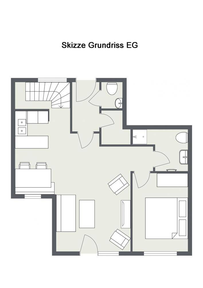 Grundriss Skizze des Erdgeschosses mit Wohnbereich, Küche, Schlafzimmer und Terrasse.