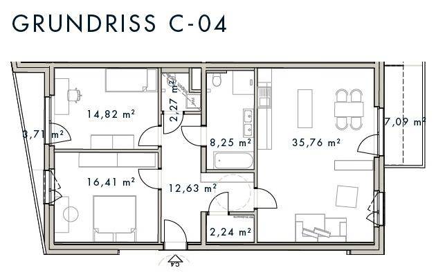 Grundriss C-04 zeigt eine Wohnung mit drei Schlafzimmern, offenem Wohnbereich und Balkon.