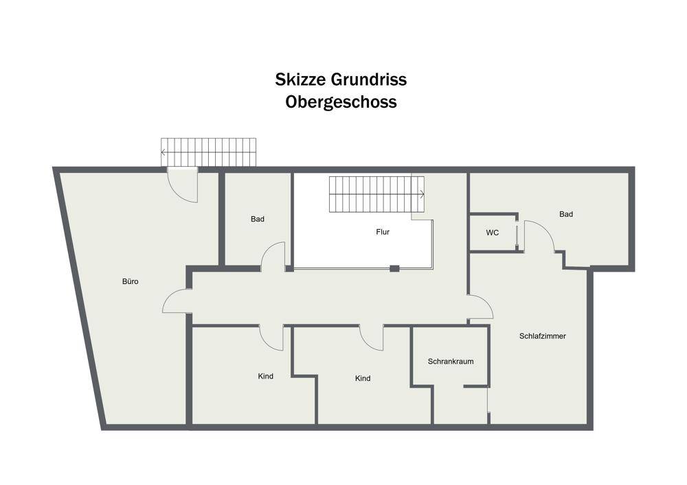 Grundriss des Obergeschosses mit mehreren Schlafzimmern, zwei Bädern und einem separaten WC.