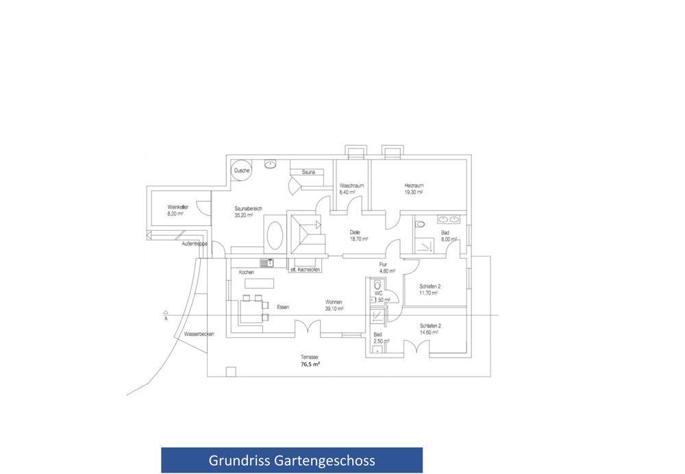 Grundriss des Gartengeschosses mit Sauna, Bad und mehreren Schlafzimmern.