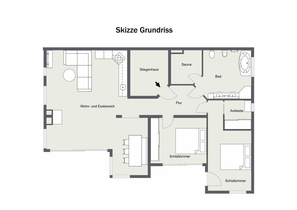 Skizze des Grundrisses mit Wohn- und Essbereich, zwei Schlafzimmern und Bad mit Sauna.