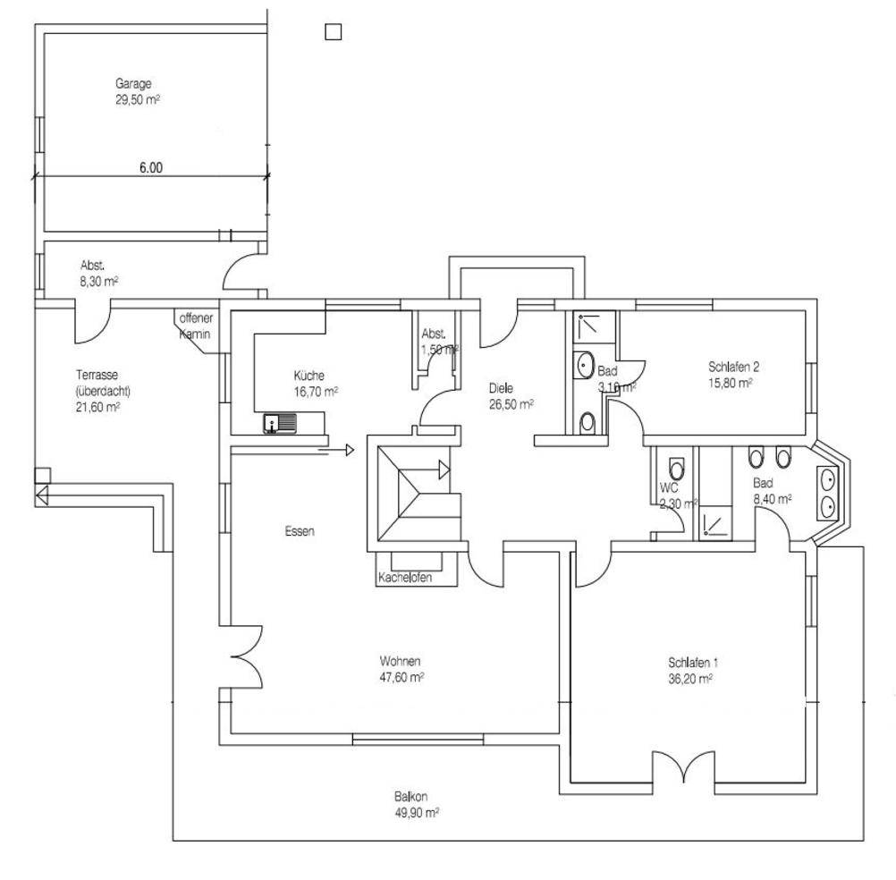 Grundriss des Erdgeschosses mit Wohnbereich, Küche, Esszimmer und zwei Schlafzimmern.