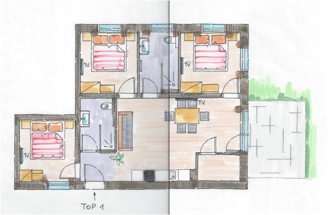 Handgezeichneter Grundriss für Wohnung Top 1 mit drei Schlafzimmern und Balkon.