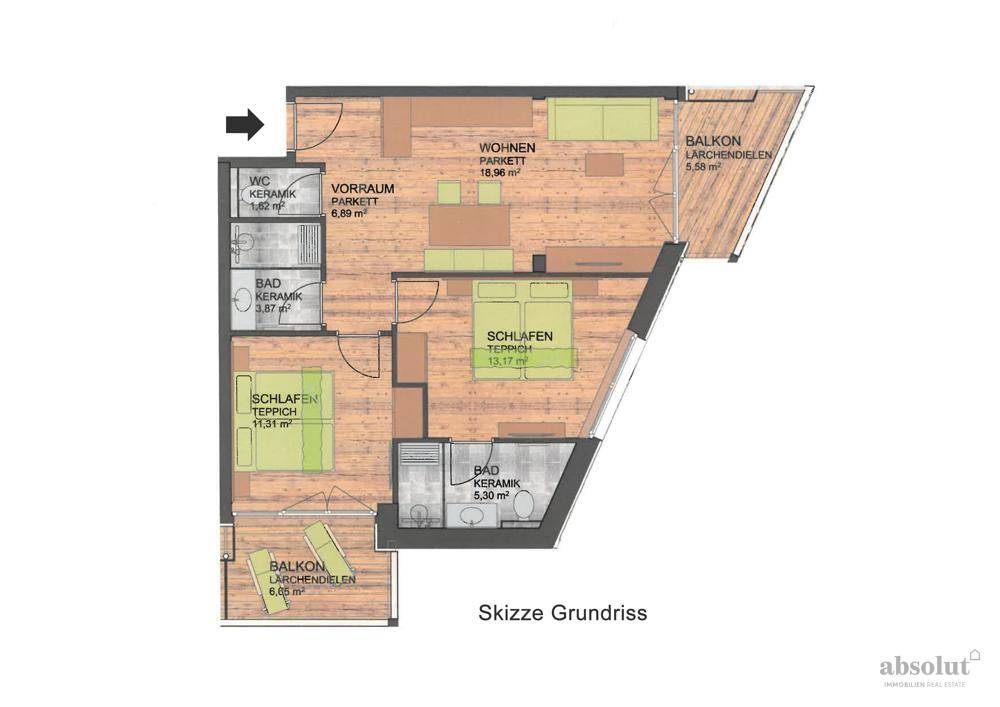 Grundriss einer Wohnung mit zwei Schlafzimmern, zwei Bädern und zwei Balkonen.