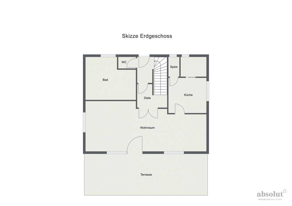 Grundriss des Erdgeschosses mit Wohnraum, Küche, Bad, separatem WC und Zugang zur Terrasse.