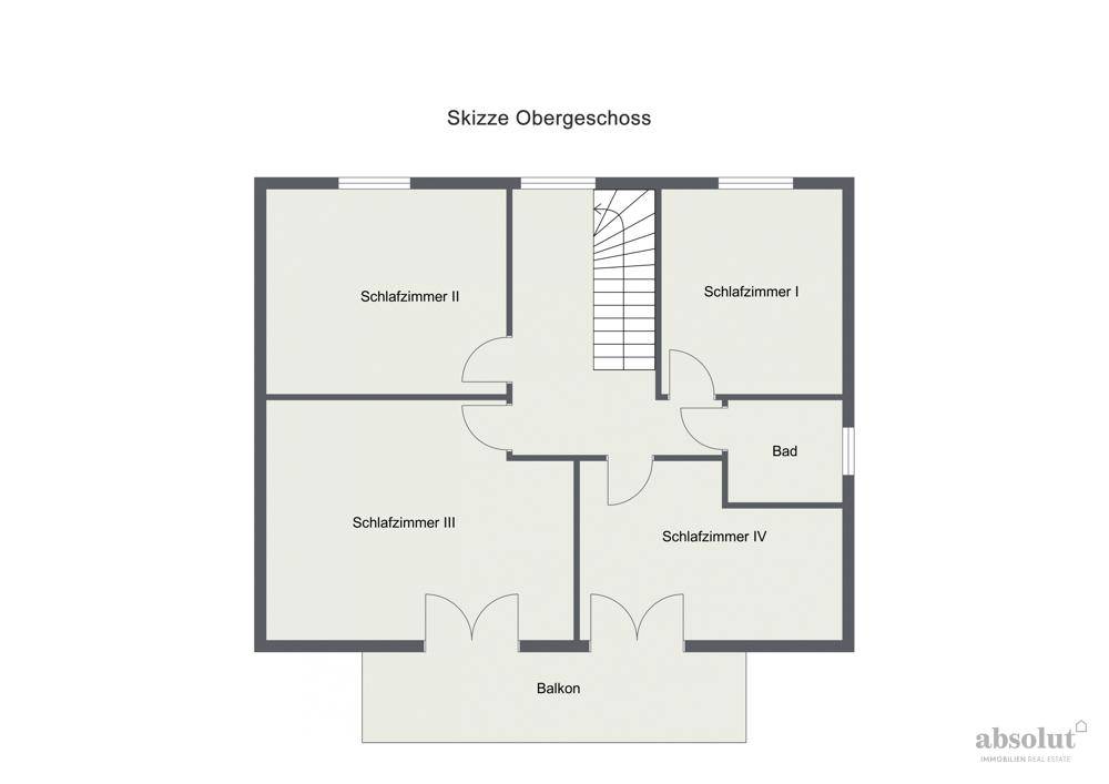 Grundriss des Obergeschosses mit vier Schlafzimmern, einem Badezimmer und einem Balkon.