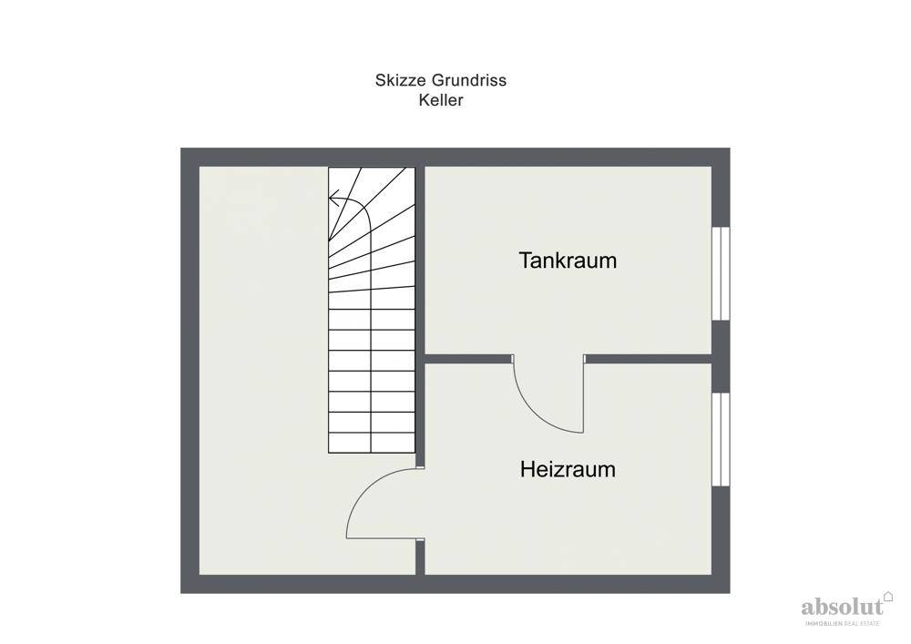 Grundriss des Kellers mit Heizraum und Tankraum, zugänglich über eine Treppe.