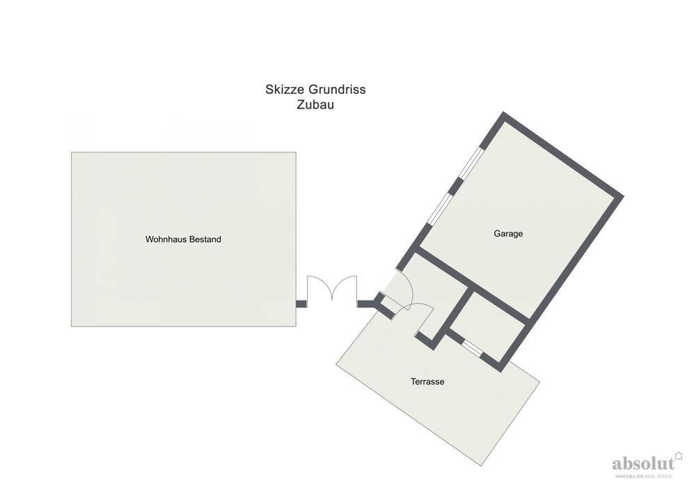 Grundriss des Zubaus mit einer Garage und einer weiteren Terrasse, verbunden mit dem Bestandshaus.