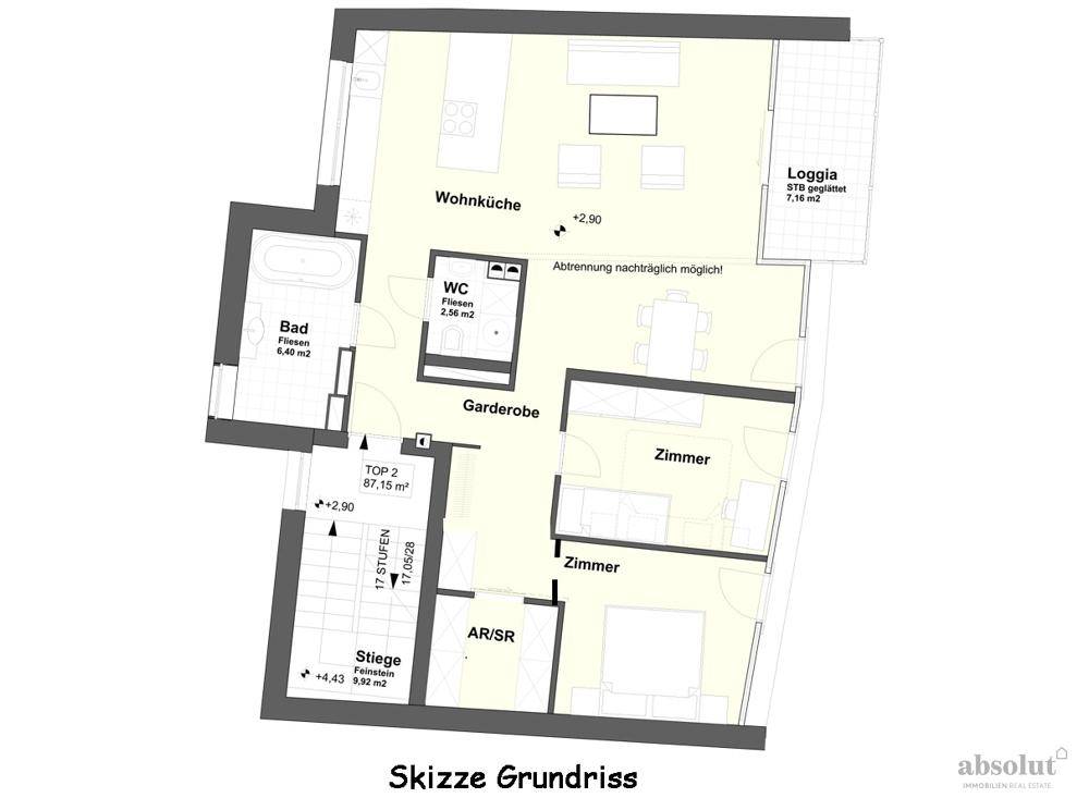 Grundriss der Wohnung mit Wohnküche, zwei Zimmern, Bad, WC und Loggia.
