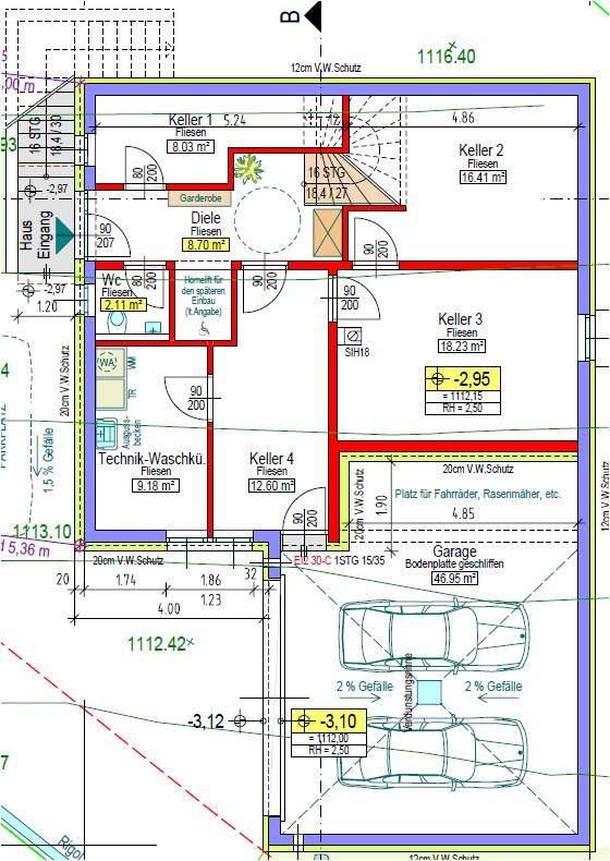 Grundriss des Kellergeschosses mit mehreren Kellerräumen, Technik-Waschküche, WC und einer Doppelgarage.