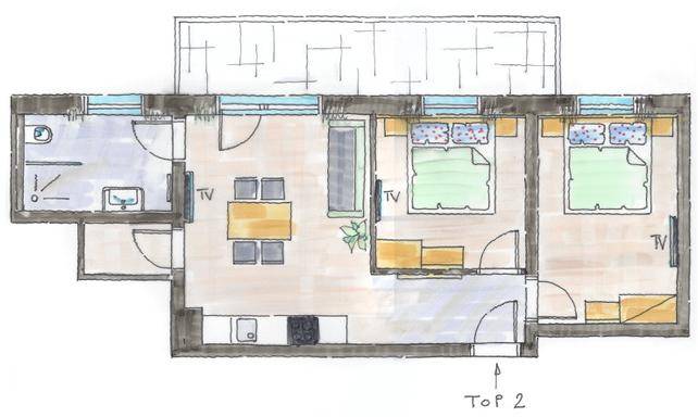 Handgezeichneter Grundriss für Wohnung Top 2 mit zwei Schlafzimmern und Balkon.