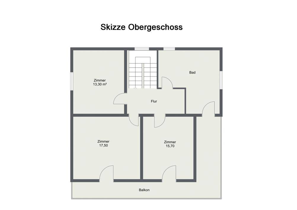Grundriss des Obergeschosses mit Schlafzimmern, Bad und Balkonzugang.