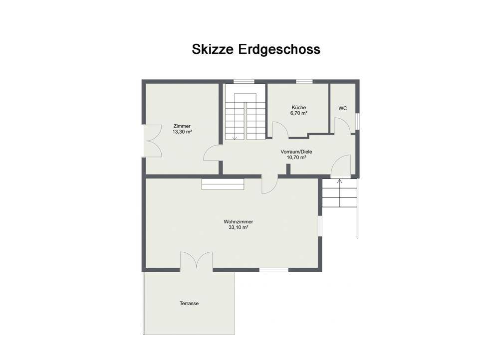 Grundriss des Erdgeschosses mit Wohnzimmer, Küche, WC und Terrasse.