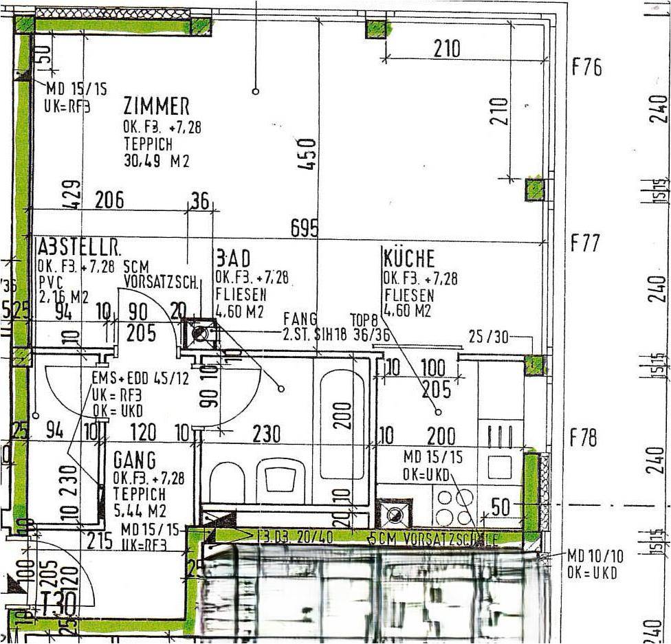 Grundriss einer Wohnung mit Zimmer, Bad, Küche, Abstellraum und einem Balkon.