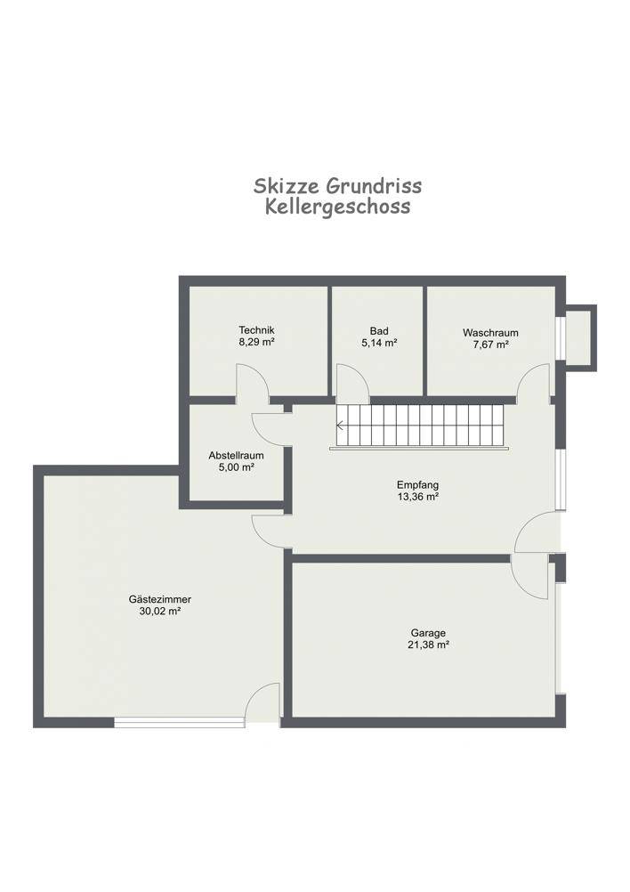 Grundriss des Kellergeschosses mit Gästezimmer, Garage, Technikraum und Waschraum.