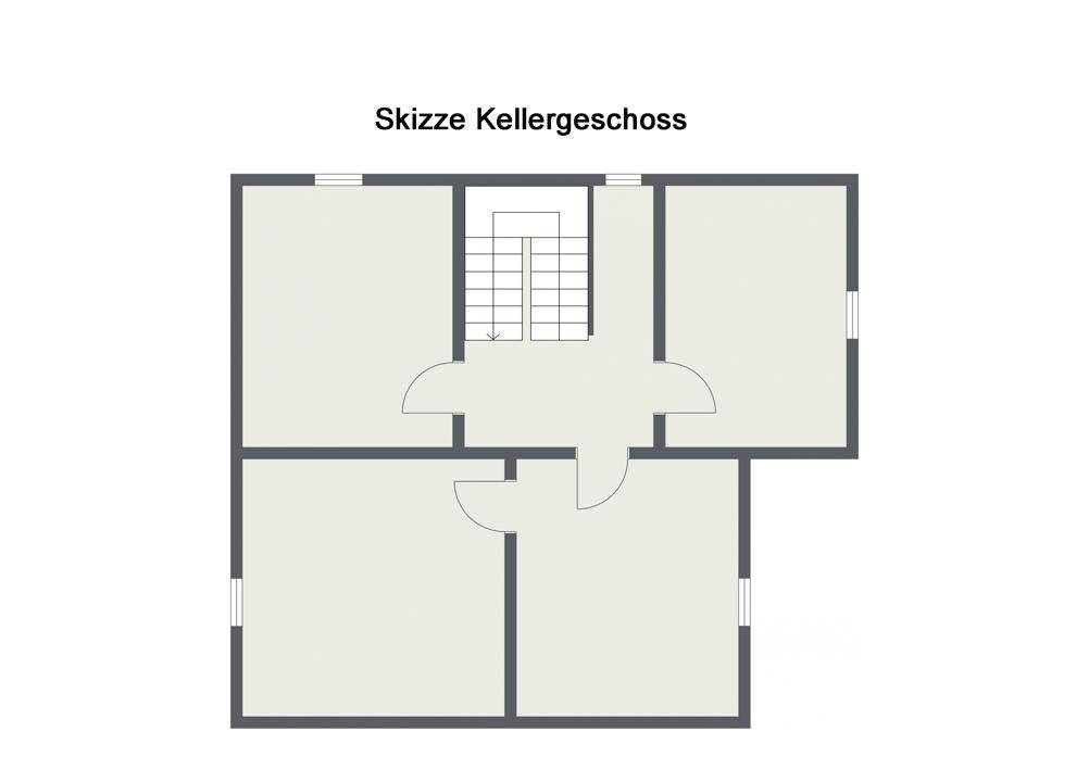 Grundriss des Kellergeschosses mit mehreren Räumen und Treppenaufgang.