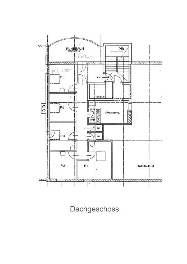 Grundriss des Dachgeschosses mit Ruheraum, weiteren Zimmern und Treppenhaus.