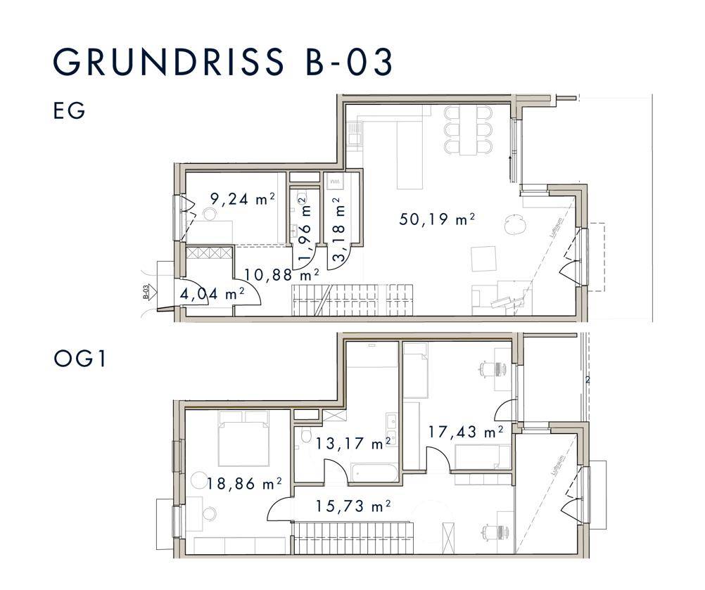 Grundriss B-03 zeigt zwei Ebenen mit offenem Wohnbereich, mehreren Schlafzimmern und Balkonzugang.