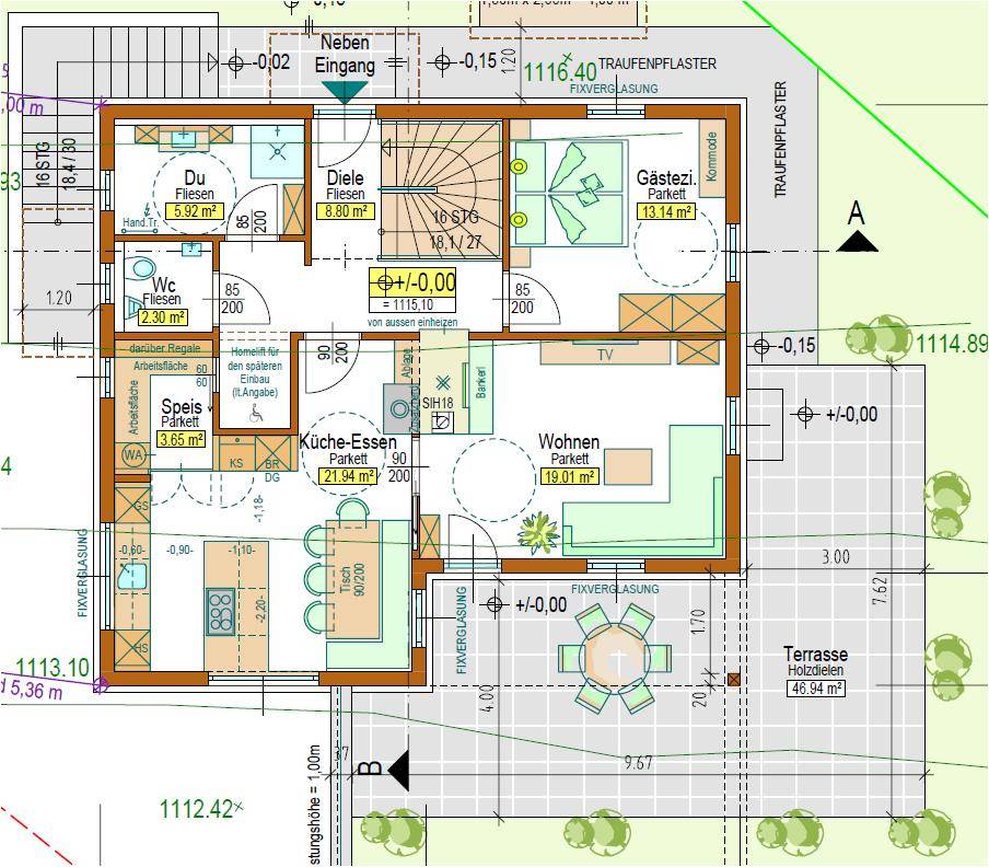 Grundriss des Erdgeschosses mit großem Wohn-Essbereich, offener Küche, Gästezimmer und einer weitläufigen Terrasse.